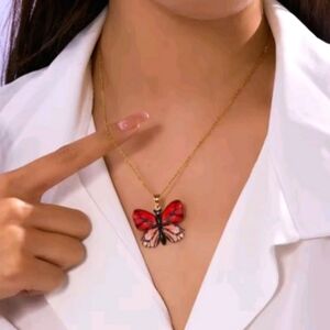 Red and Black Butterfly Necklace with Gold Chain